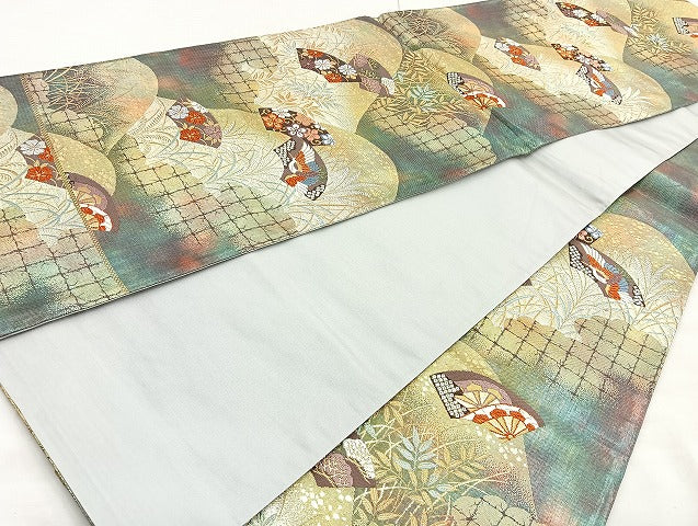 平和屋着物◎六通柄袋帯 唐織 遠山扇面紋 金糸 正絹 逸品 BAAK8759cm