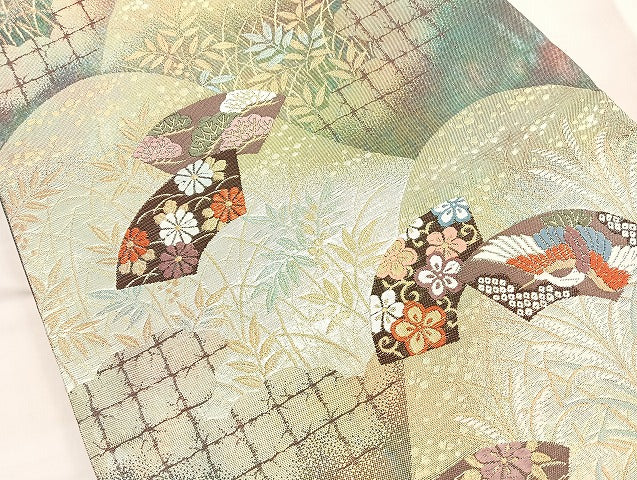 平和屋着物◎六通柄袋帯 唐織 遠山扇面紋 金糸 正絹 逸品 BAAK8759cm