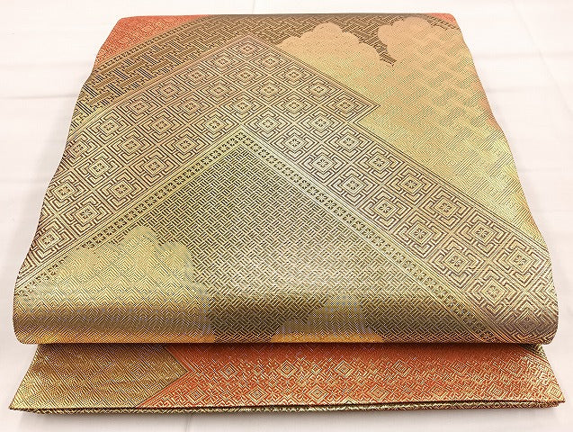 平和屋着物◎佐賀錦 六通柄袋帯 松皮菱 金糸 正絹 逸品 BAAK8762cm