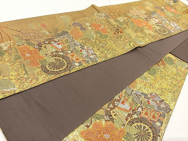 平和屋着物◎六通柄袋帯 唐織 御所車花文 金糸 正絹 逸品 BAAL0104cm
