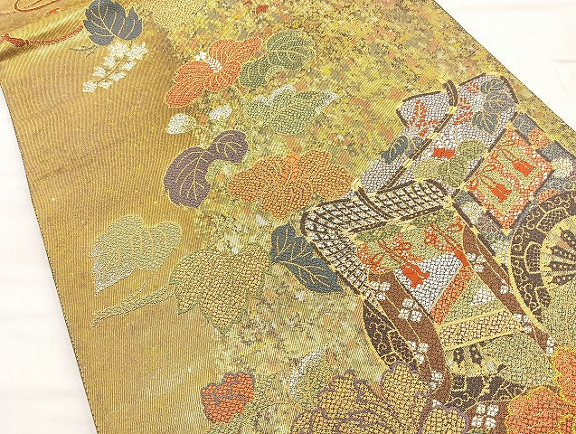 平和屋着物◎六通柄袋帯 唐織 御所車花文 金糸 正絹 逸品 BAAL0104cm