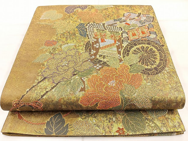 平和屋着物◎六通柄袋帯 唐織 御所車花文 金糸 正絹 逸品 BAAL0104cm