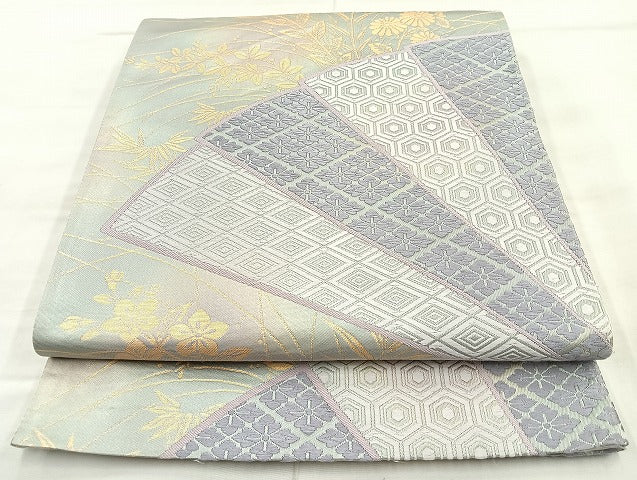 平和屋着物◎六通柄袋帯 唐織 檜扇吉祥秋草文 金糸 正絹 逸品 BAAK8796cm