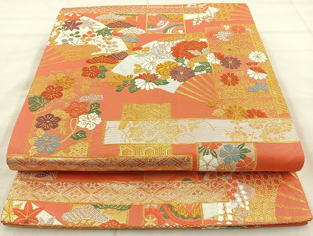 平和屋着物◎六通柄袋帯 唐織 扇面短冊草花文 金銀糸 正絹 逸品 BAAK8790cm