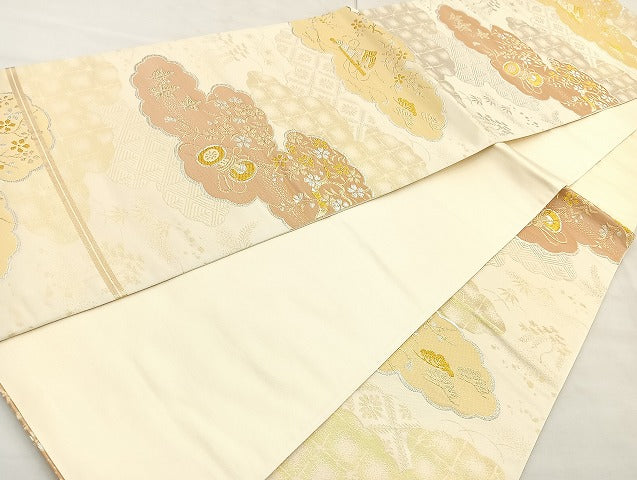 平和屋着物◎六通柄袋帯 雲取器物草花文 金銀糸 正絹 逸品 BAAL0110cm