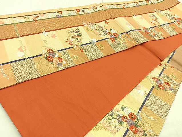 平和屋着物◎六通柄袋帯 唐織 地紙花蝶文 金糸 正絹 逸品 BAAK8799cm