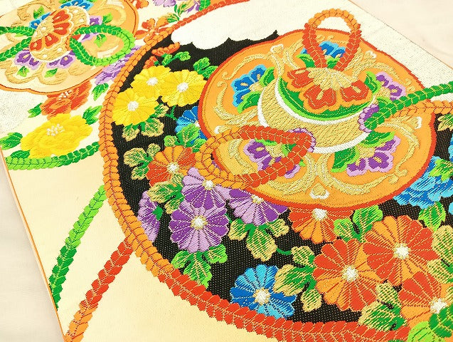 平和屋着物◎六通柄袋帯 唐織 鏡裏文様 金銀糸 正絹 逸品 BAAL0128cm
