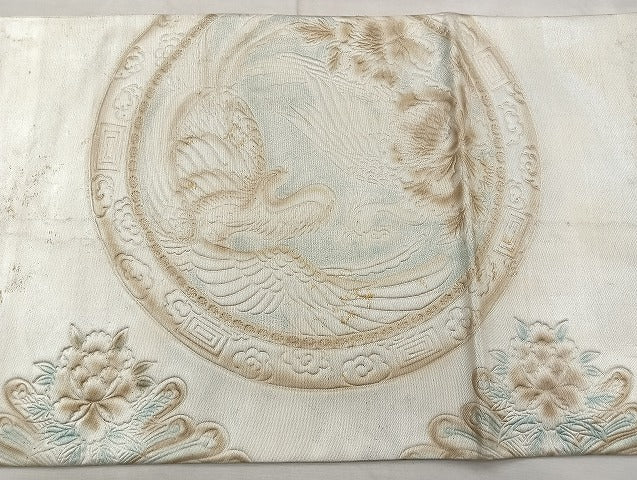 平和屋着物◎太鼓柄袋帯 ふくれ織り 唐箔おり 鳳凰花絵皿 引箔 正絹 逸品 BAAK5794if