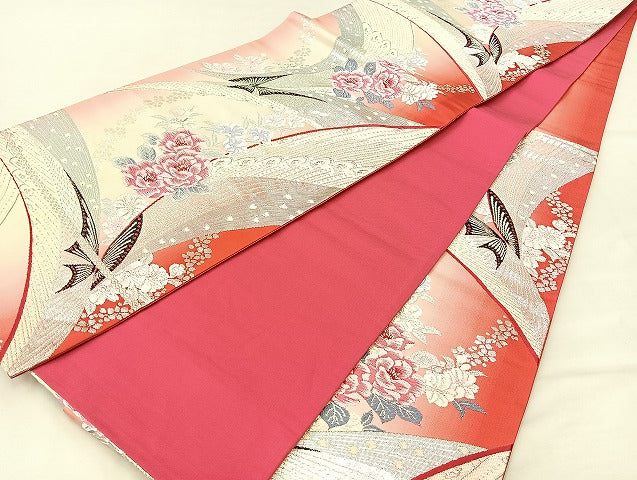 平和屋着物◎六通柄袋帯 唐織 花蝶文 銀糸 正絹 逸品 BAAL3137if