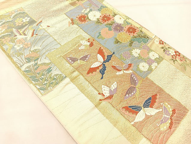 平和屋着物◎西陣 六通柄袋帯 唐織 短冊飛鶴花蝶文 金糸 正絹 逸品 BAAL3157if