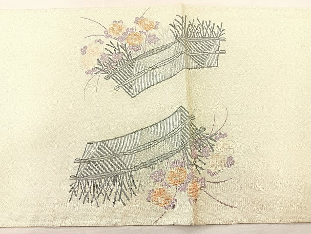 平和屋着物◎太鼓柄袋帯 秋草文 銀糸 正絹 逸品 BAAL3164if