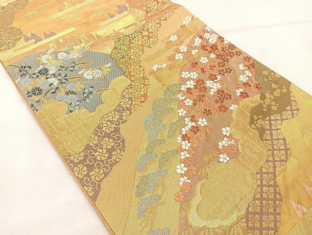 平和屋着物◎六通柄袋帯 ヱ霞遠山花文 金糸 正絹 逸品 BAAL3195if