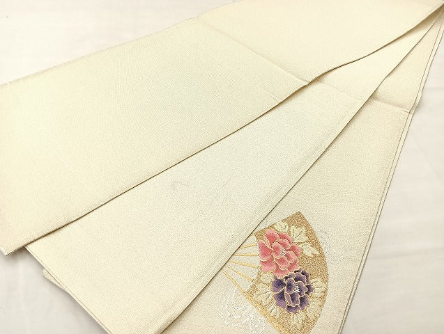 平和屋着物◎太鼓柄袋帯 明綴 花扇面流し プラチナ箔 正絹 逸品 BAAL4107if