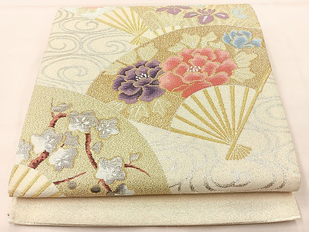 平和屋着物◎太鼓柄袋帯 明綴 花扇面流し プラチナ箔 正絹 逸品 BAAL4107if