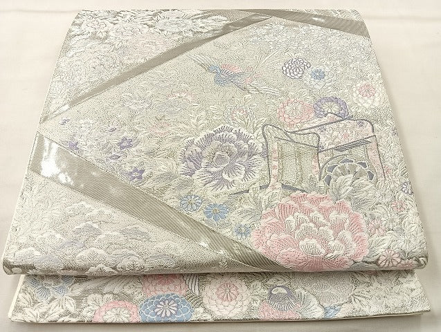 平和屋着物◎六通柄袋帯 唐織 御所車花鳥文 九百錦 プラチナ箔 正絹 逸品 BAAL4124if