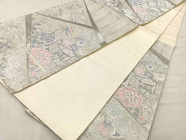 平和屋着物◎六通柄袋帯 唐織 御所車花鳥文 九百錦 プラチナ箔 正絹 逸品 BAAL4124if