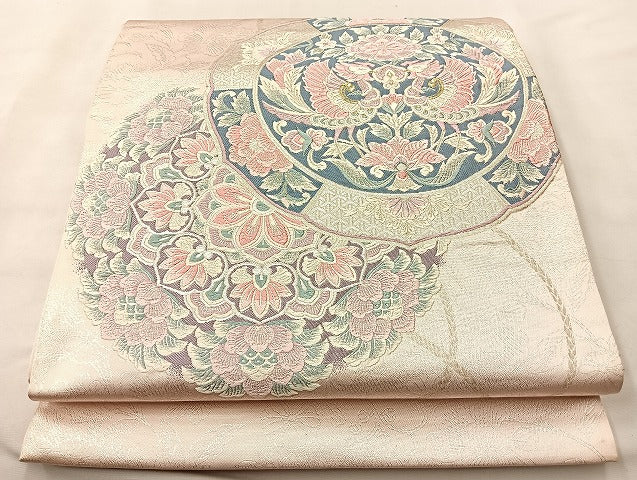平和屋着物◎太鼓柄袋帯 唐織 鳳凰花絵皿 金銀糸 正絹 逸品 BAAL4159if