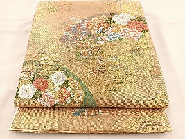 平和屋着物◎六通柄袋帯 唐織 花扇面散らし 金糸 正絹 逸品 BAAL7157di