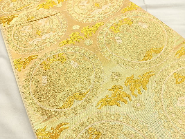平和屋着物◎六通柄袋帯 鳥獣丸文 金糸 正絹 逸品 BAAL0182cm