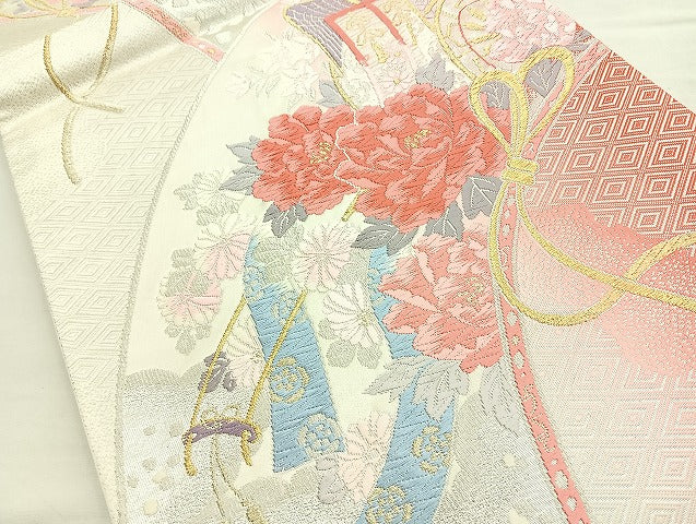 平和屋着物◎六通柄袋帯 唐織 御所車花文 金銀糸 正絹 逸品 BAAL0189cm