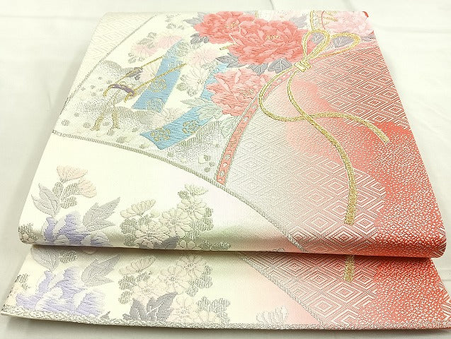 平和屋着物◎六通柄袋帯 唐織 御所車花文 金銀糸 正絹 逸品 BAAL0189cm