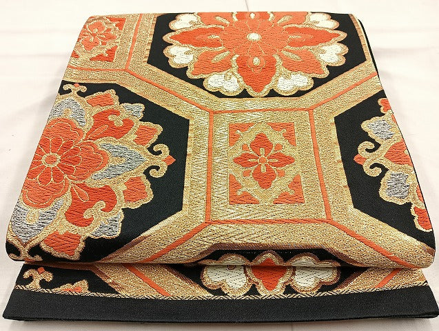 平和屋着物◎六通柄袋帯 唐織 蜀江花文 金糸 正絹 逸品 BAAL0196cm