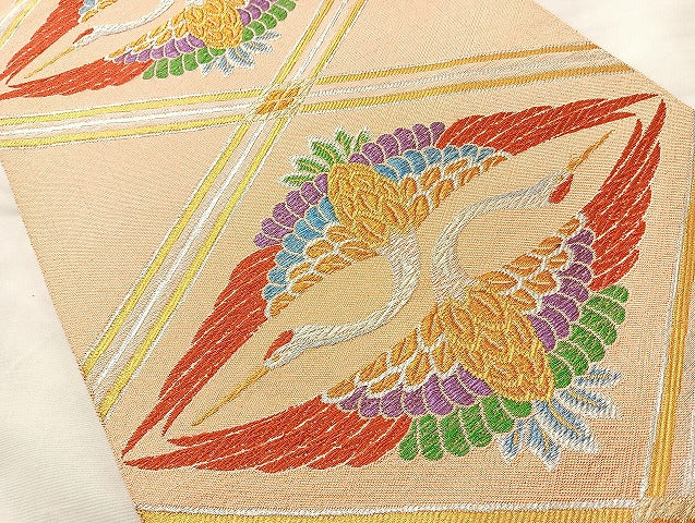 平和屋着物◎六通柄袋帯 向鶴 金銀糸 正絹 逸品 BAAL1012cm