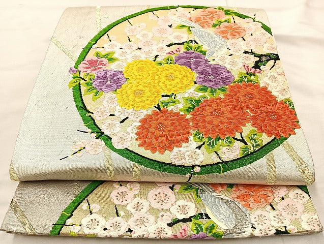 平和屋着物◎六通柄袋帯 唐織 花鳥丸文 金銀糸 正絹 逸品 BAAL1010cm