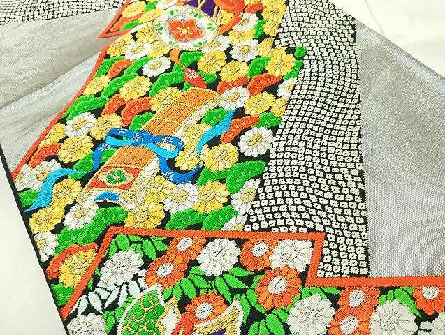 平和屋着物◎六通柄袋帯 唐織 花宝尽くし 金銀糸 正絹 逸品 BAAL1029cm