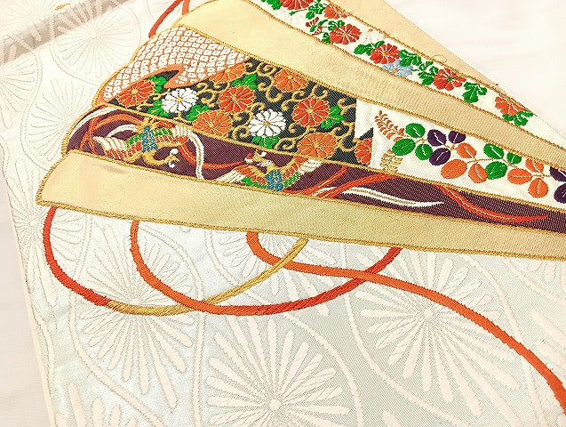 平和屋着物◎六通柄袋帯 唐織 扇面鳳凰花文 金糸 正絹 逸品 BAAL1028cm