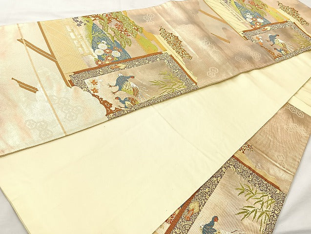 平和屋着物◎六通柄袋帯 唐織 孔雀花文 金糸 正絹 逸品 BAAL1026cm