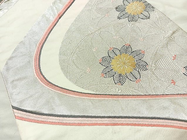 平和屋着物◎六通柄袋帯 草花文 銀彩 正絹 逸品 BAAL1039cm