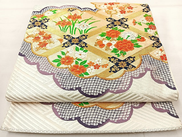 平和屋着物◎六通柄袋帯 唐織 雲取花文 金糸 正絹 逸品 BAAL1041cm
