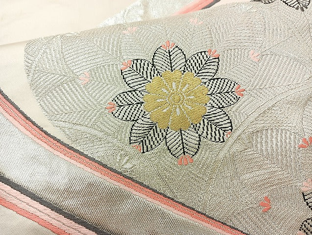 平和屋着物◎六通柄袋帯 草花文 銀彩 正絹 逸品 BAAL1039cm