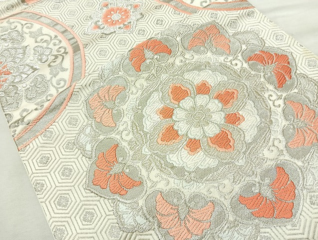 平和屋着物◎六通柄袋帯 唐織 正倉院花文 プラチナ箔 正絹 逸品 BAAL1038cm