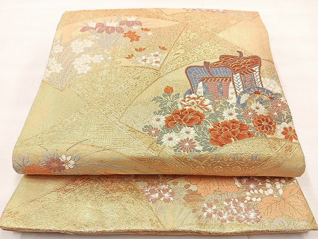 平和屋着物◎六通柄袋帯 唐織 春秋草花文 金糸 正絹 逸品 BAAL1071cm