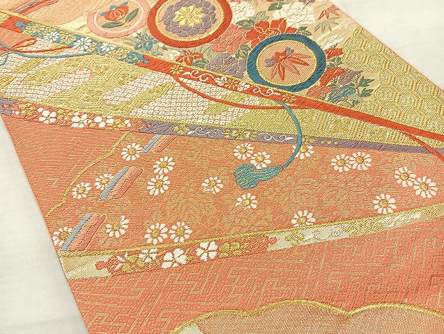 平和屋着物◎六通柄袋帯 唐織 飛鶴宝尽くし 金糸 正絹 逸品 BAAL1095cm