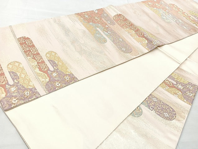 平和屋着物◎六通柄袋帯 唐織 エ霞草花文 金糸 正絹 逸品 BAAL3301cm