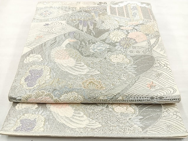 平和屋着物◎六通柄袋帯 唐織 千代乃文 プラチナ箔 正絹 逸品 BAAL3328cm