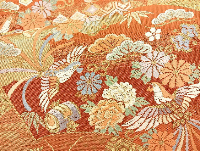 平和屋着物◎六通柄袋帯 唐織 地紙鳳凰花文 金糸 正絹 逸品 BAAL3323cm