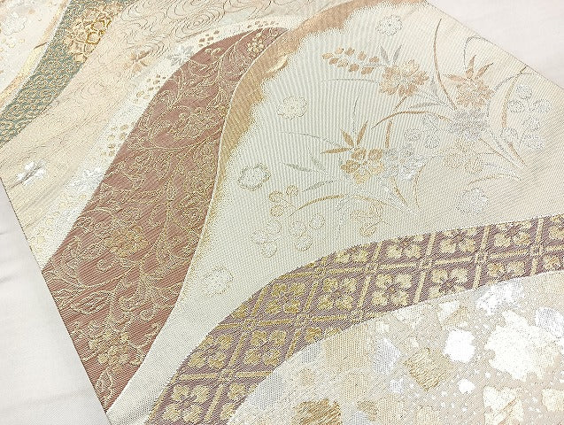 平和屋着物◎六通柄袋帯 遠山花文 金銀糸 正絹 逸品 BAAL3330cm
