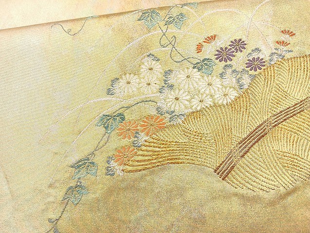 平和屋着物◎太鼓柄袋帯 草花文 金糸 正絹 逸品 BAAL3347cm