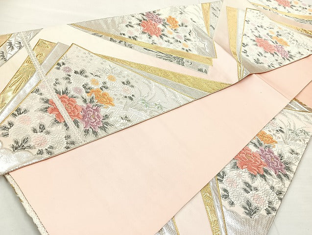 平和屋着物◎六通柄袋帯 唐織 色紙重ね花文 金銀糸 正絹 逸品 BAAL3349cm