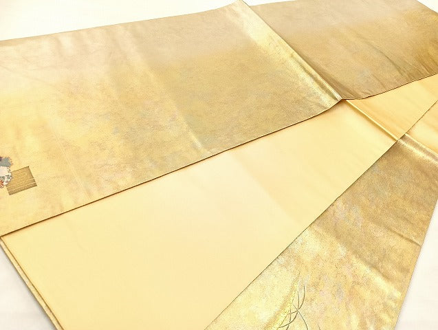 平和屋着物◎太鼓柄袋帯 草花文 金糸 正絹 逸品 BAAL3347cm
