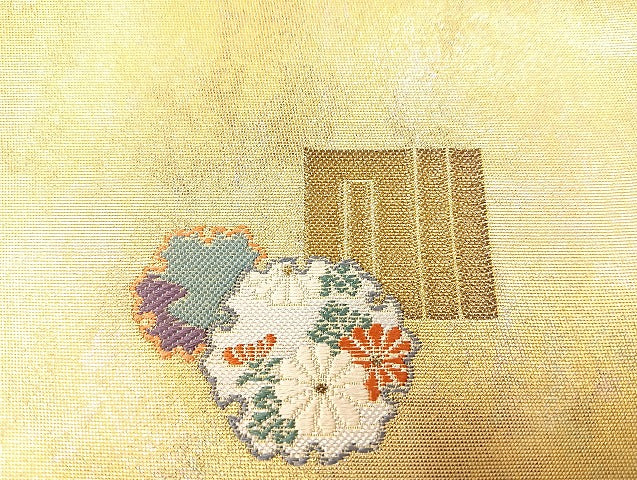 平和屋着物◎太鼓柄袋帯 草花文 金糸 正絹 逸品 BAAL3347cm