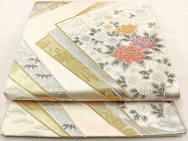 平和屋着物◎六通柄袋帯 唐織 色紙重ね花文 金銀糸 正絹 逸品 BAAL3349cm