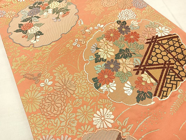 平和屋着物◎六通柄袋帯 唐織 雪輪草花文 金糸 正絹 逸品 BAAL3369cm
