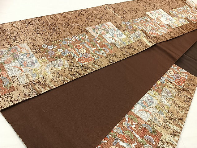 平和屋着物◎六通柄袋帯 唐織 飛鶴草花文 金糸 正絹 逸品 BAAL3386cm