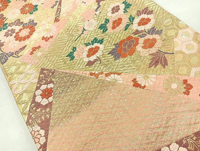 平和屋着物◎西陣 六通柄袋帯 唐織 草花文 金糸 正絹 逸品 BAAL4307cm