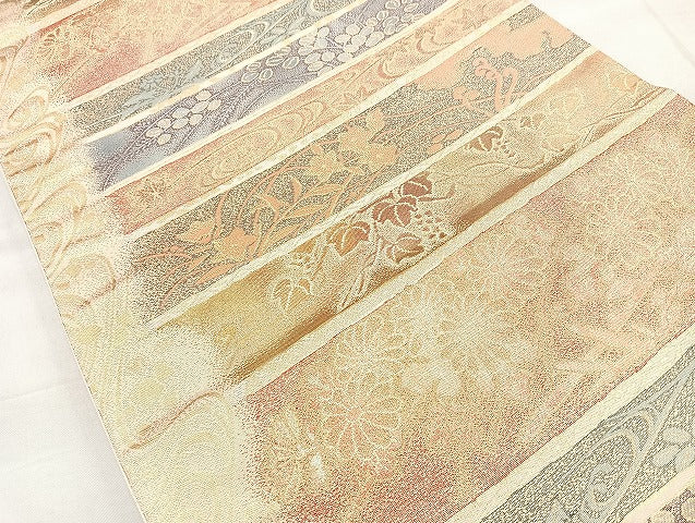 平和屋着物◎六通柄袋帯 横段花文 金糸 正絹 逸品 BAAL4341cm